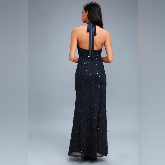 Lulus Cielo Navy Blue Sequin Halter Maxi Dress in Medium - Picture 4 of 10